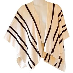 Talbots Ruana Poncho Wrap Cardigan Sweater Open Front White with Black Stripe OS